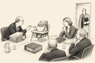 A pile of money sits in a baby high chair in a foundation boardroom as a treasurer feeds it stamped papers and a tax inspector checks a folder.