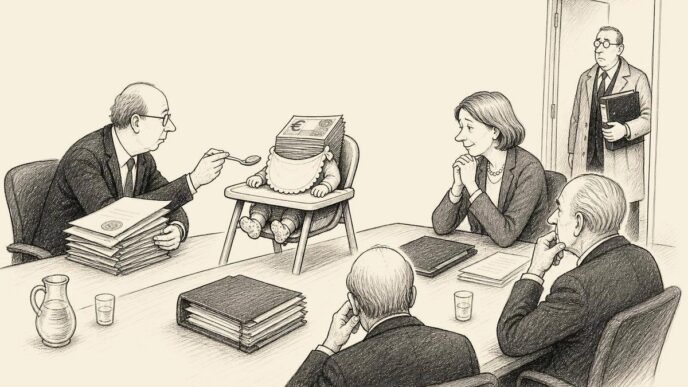 A pile of money sits in a baby high chair in a foundation boardroom as a treasurer feeds it stamped papers and a tax inspector checks a folder.