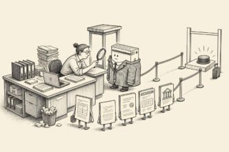 A small retailer’s desk is drawn as a tiny border-control post. Paper invoices queue between ropes. A clerk examines documents while a bank-account figure in a badly fitting supplier costume is halted before a large payment button. No text