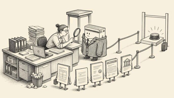 A small retailer’s desk is drawn as a tiny border-control post. Paper invoices queue between ropes. A clerk examines documents while a bank-account figure in a badly fitting supplier costume is halted before a large payment button. No text