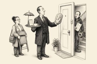 A bailiff at a debtor’s door has his knocking hand padded in foam and carries tea and a payment-plan calendar, while a creditor waits anxiously behind him.
