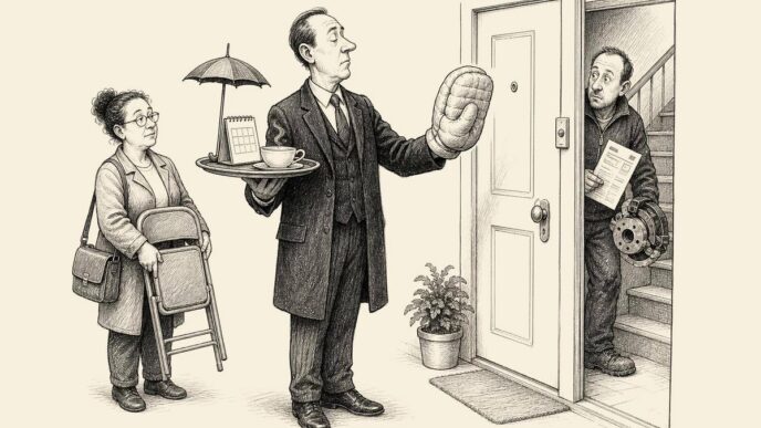 A bailiff at a debtor’s door has his knocking hand padded in foam and carries tea and a payment-plan calendar, while a creditor waits anxiously behind him.