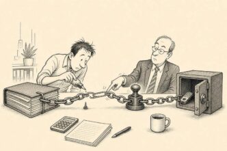 Single-panel accountant’s desk. A stout metal chain connects a closed contract folder, a corporate seal press, and a small open safe holding a hardware wallet. In the middle, one “link” is just a bent paperclip. The founder, nervous, dabs