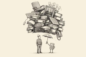 A finance manager stands nervously beneath an enormous pile of mixed business objects, wearing a comically tiny safety helmet. A small calculator holds a weak umbrella above him, unable to shield him from the unstable heap.