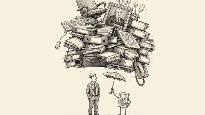 A finance manager stands nervously beneath an enormous pile of mixed business objects, wearing a comically tiny safety helmet. A small calculator holds a weak umbrella above him, unable to shield him from the unstable heap.