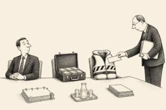 A restrained Dutch office scene: a founder, accountant and tax inspector at a boardroom table. A formal shareholder sits upright, a briefcase of cash sits on another chair, and a sweating risk-holder in a life vest sits on a third. The