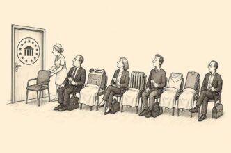 Business owners wait in a clinic-like room with cost objects treated as patients, while a closed central-bank-style door remains shut.