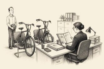 A payroll clerk interviews two bicycles seated in office chairs with folders and lanyards, while the employee who will ride them waits behind them with a helmet.