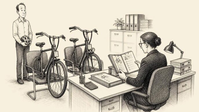 A payroll clerk interviews two bicycles seated in office chairs with folders and lanyards, while the employee who will ride them waits behind them with a helmet.