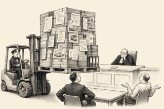 A Dutch courtroom where a bailiff on a forklift brings a giant pallet of printed chat evidence to support one small invoice on the judge’s desk.