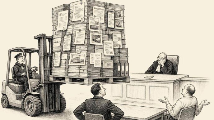 A Dutch courtroom where a bailiff on a forklift brings a giant pallet of printed chat evidence to support one small invoice on the judge’s desk.