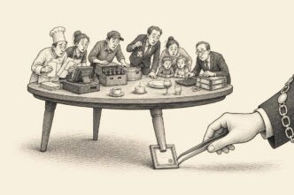 A tiny framed alcohol licence props up one leg of a large café table carrying miniature figures representing staff, landlord, supplier, tax administration and family life, while an official hand prepares to remove it with tweezers.
