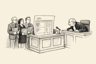 A Dutch courtroom scene where an enormous payslip occupies the witness box, with a judge listening and the founder’s family, lawyer and accountant standing behind piles of binders.