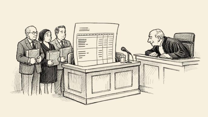 A Dutch courtroom scene where an enormous payslip occupies the witness box, with a judge listening and the founder’s family, lawyer and accountant standing behind piles of binders.