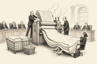 Officials in a Senate room run a huge tax bill through a laundry-style softening machine. It comes out as a blanket-sized document that drops onto a small business owner and traps her in her chair.