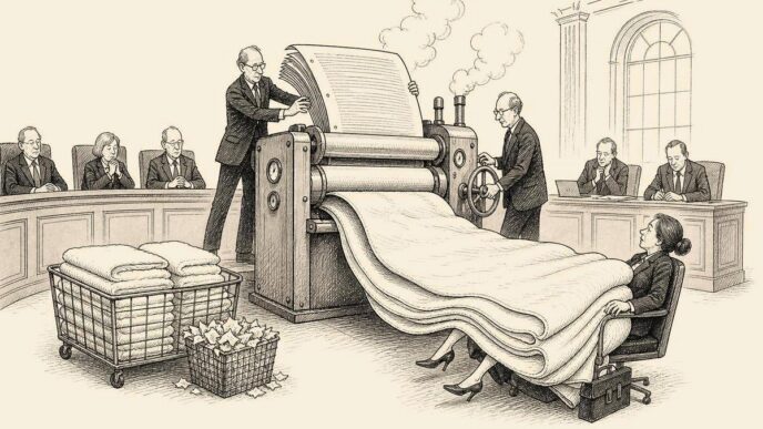 Officials in a Senate room run a huge tax bill through a laundry-style softening machine. It comes out as a blanket-sized document that drops onto a small business owner and traps her in her chair.
