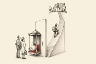A small Dutch house stands high above the ground at the top of a very long staircase. Each step is identical and orderly. A young buyer climbs the steps with papers, while parents in a fancy freestanding elevator hold out money. The