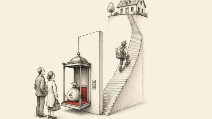 A small Dutch house stands high above the ground at the top of a very long staircase. Each step is identical and orderly. A young buyer climbs the steps with papers, while parents in a fancy freestanding elevator hold out money. The