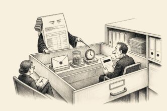 Inside an office filing cabinet, a tiny courtroom is in session. A large payslip acts as counsel, facing a nervous company founder in the witness chair. Nearby are a salary envelope, a commission jar, and an overtime clock as evidence.