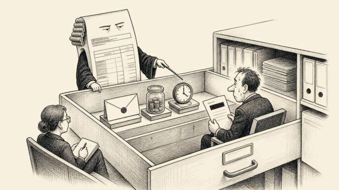 Inside an office filing cabinet, a tiny courtroom is in session. A large payslip acts as counsel, facing a nervous company founder in the witness chair. Nearby are a salary envelope, a commission jar, and an overtime clock as evidence.