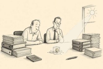 An accountant and a small business owner sit at a desk watching a small ice cube containing a euro coin melt. Large stacks of paperwork around it remain intact.