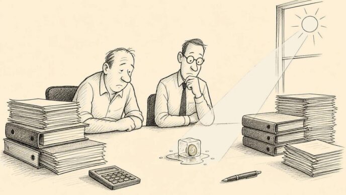 An accountant and a small business owner sit at a desk watching a small ice cube containing a euro coin melt. Large stacks of paperwork around it remain intact.