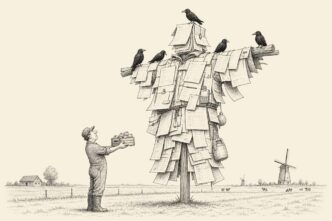 A huge scarecrow assembled from bills, forms and receipts stands in a Dutch field while birds sit comfortably on it. A farmer below holds up a small crate of produce as if paying tribute.