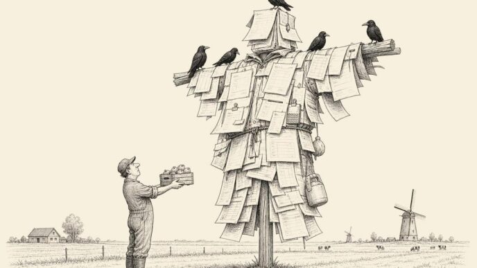 A huge scarecrow assembled from bills, forms and receipts stands in a Dutch field while birds sit comfortably on it. A farmer below holds up a small crate of produce as if paying tribute.