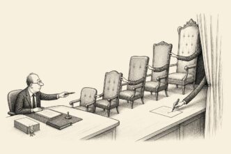 In a formal boardroom, a notary faces a row of empty chairs arranged behind one another like an ownership chain. A hidden final chair reaches from behind a curtain to sign a document.