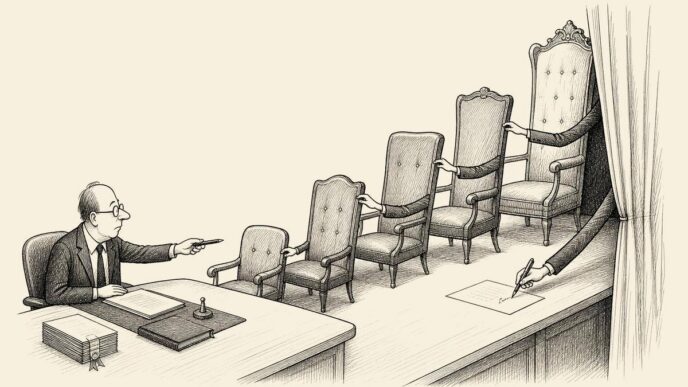 In a formal boardroom, a notary faces a row of empty chairs arranged behind one another like an ownership chain. A hidden final chair reaches from behind a curtain to sign a document.