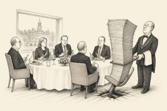 A formal waiter presents an enormous heavy bill to calm business executives at a neat dinner table; the small AEX chair is being pushed downward by the weight, while nobody panics.