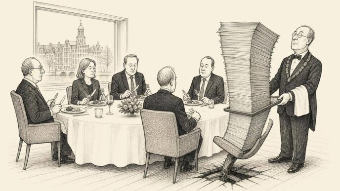 A formal waiter presents an enormous heavy bill to calm business executives at a neat dinner table; the small AEX chair is being pushed downward by the weight, while nobody panics.