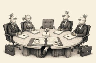 A boardroom is filled with scarecrows dressed as directors. A hidden hand under the table moves one scarecrow’s pen, while a compliance binder is used for coffee cups.