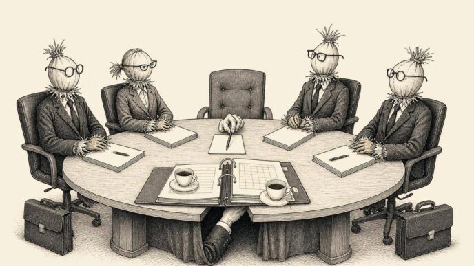 A boardroom is filled with scarecrows dressed as directors. A hidden hand under the table moves one scarecrow’s pen, while a compliance binder is used for coffee cups.