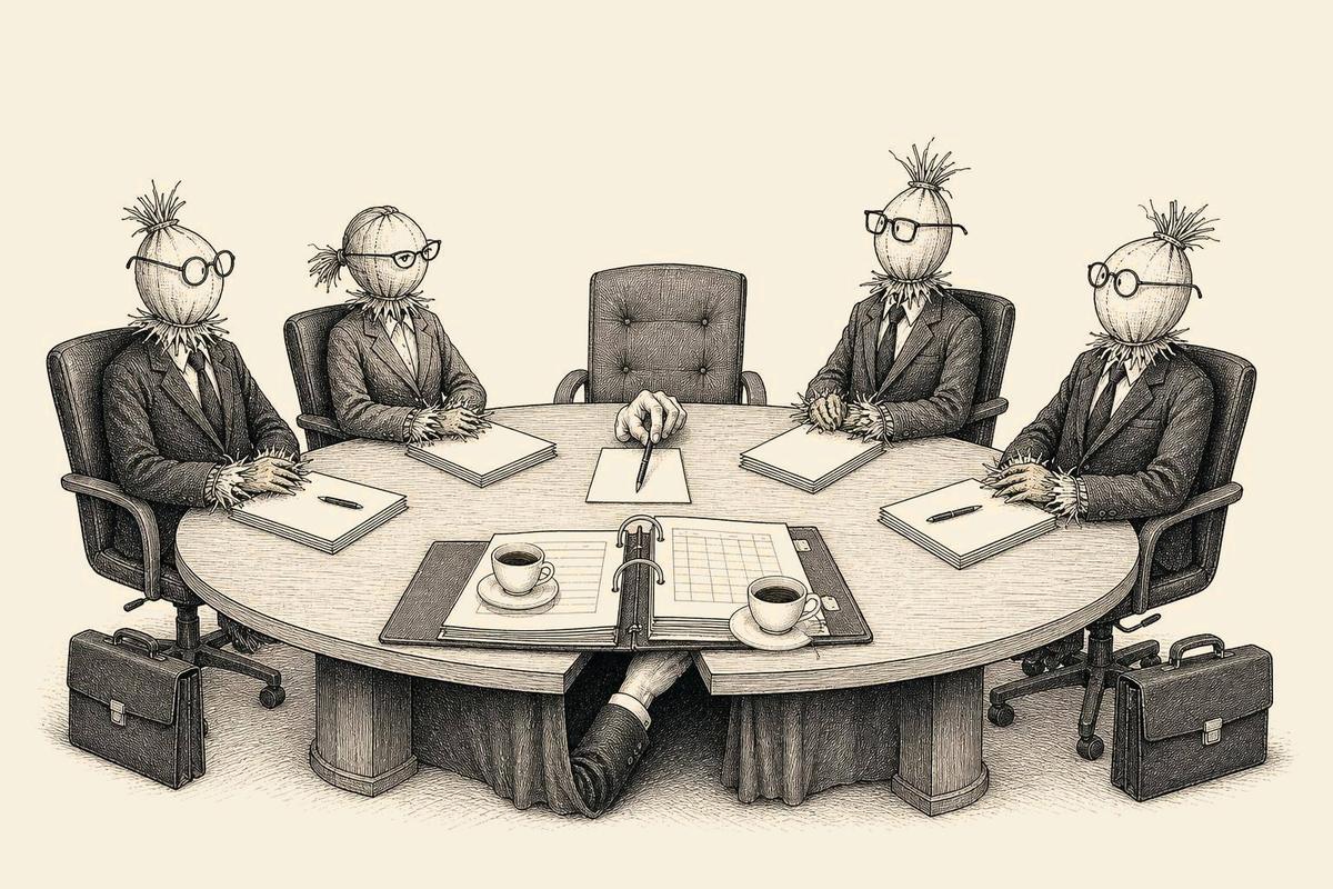 A boardroom is filled with scarecrows dressed as directors. A hidden hand under the table moves one scarecrow’s pen, while a compliance binder is used for coffee cups.