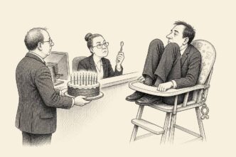 In a formal finance office, an adult founder in a suit is squeezed into a baby high chair. An accountant presents a cake with fifteen candles, while a stern clerk examines the scene with a baby spoon. The absurd office ritual contrasts