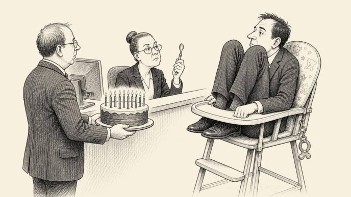 In a formal finance office, an adult founder in a suit is squeezed into a baby high chair. An accountant presents a cake with fifteen candles, while a stern clerk examines the scene with a baby spoon. The absurd office ritual contrasts