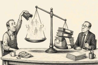 A builder tries to prove worker costs by pouring vague memories onto a balance scale, while documented folders and receipts on the other side weigh much more.