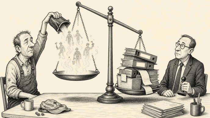 A builder tries to prove worker costs by pouring vague memories onto a balance scale, while documented folders and receipts on the other side weigh much more.