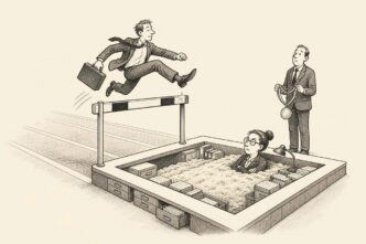 An office-themed track-and-field scene shows a candidate jumping over a salary hurdle and landing in a sandpit that has turned into a municipal paperwork desk. A recruiter waits helplessly at the finish line.