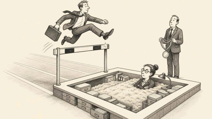 An office-themed track-and-field scene shows a candidate jumping over a salary hurdle and landing in a sandpit that has turned into a municipal paperwork desk. A recruiter waits helplessly at the finish line.