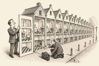 A row of Dutch houses is cut open to reveal identical interiors in every property. A property owner holds a huge stencil while a tax inspector measures the matching rooms with satisfaction.