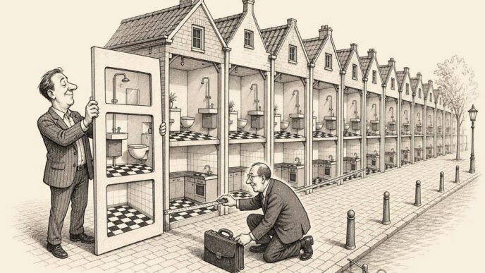 A row of Dutch houses is cut open to reveal identical interiors in every property. A property owner holds a huge stencil while a tax inspector measures the matching rooms with satisfaction.