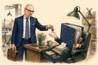 Single-panel editorial cartoon: Paolo Maria, bald with dark rectangular glasses, moustache and goatee, wearing a navy suit and blue tie, stands in a tidy small Dutch shop-office at closing time. He offers the keys to a huge ring binder