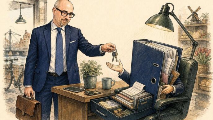 Single-panel editorial cartoon: Paolo Maria, bald with dark rectangular glasses, moustache and goatee, wearing a navy suit and blue tie, stands in a tidy small Dutch shop-office at closing time. He offers the keys to a huge ring binder