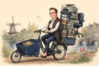 Single-panel cartoon concept for the 30 May–05 June 2026 Linda issue: Linda, the recurring Polder cartoon character, rides a Dutch cargo bike beside a canal. The practical front cargo area holds one small business item, while the back of