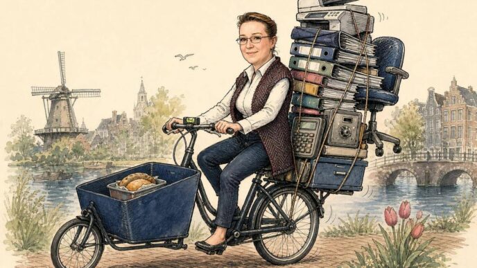 Single-panel cartoon concept for the 30 May–05 June 2026 Linda issue: Linda, the recurring Polder cartoon character, rides a Dutch cargo bike beside a canal. The practical front cargo area holds one small business item, while the back of