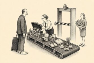 An office corridor has been converted into a customs checkpoint. A departing executive, shoes removed, watches payroll unpack a suitcase filled with symbols of compensation and work locations. HR waits beside a bouquet and a goodbye card.