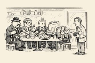 Single-panel cartoon: a tiny café interior. At the only table sit personified costs—keys-on-belt landlord, stamp-wielding official, plug-headed ‘energy,’ jerrycan in a suit, and clock-faced timesheets—eating large portions. The owner