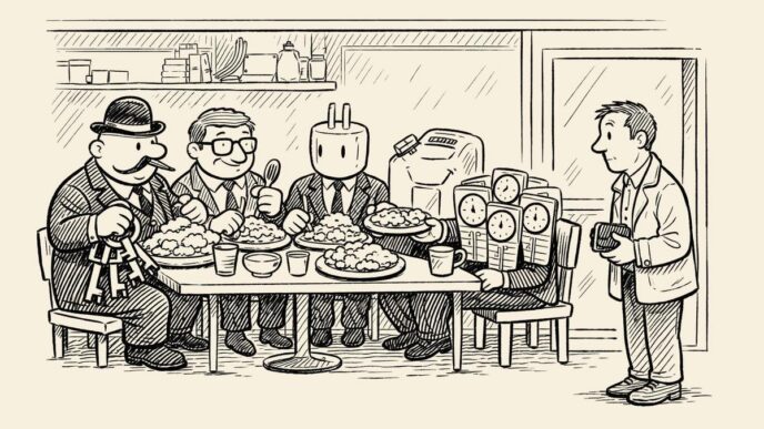 Single-panel cartoon: a tiny café interior. At the only table sit personified costs—keys-on-belt landlord, stamp-wielding official, plug-headed ‘energy,’ jerrycan in a suit, and clock-faced timesheets—eating large portions. The owner